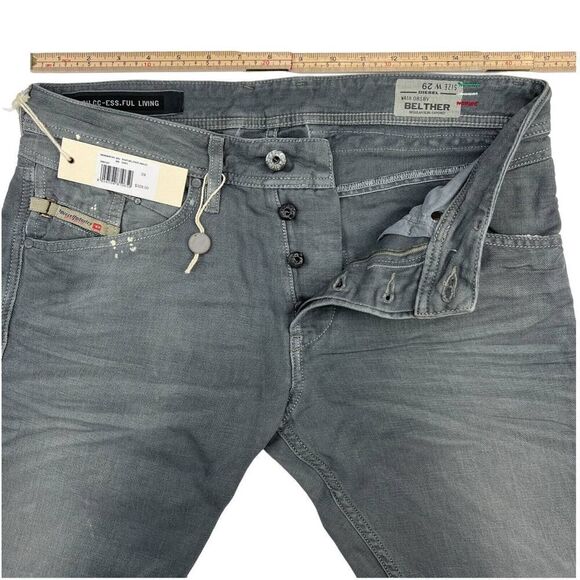 New Diesel Men US 29 Grey Jeans Slim Fit Buttons Linen Cotton Belther Italy - Picture 7 of 10